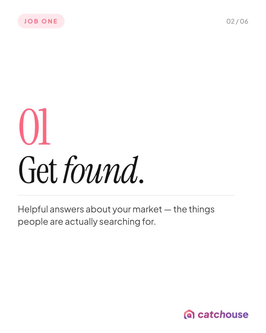 Look back at your last 10 posts. Odds are 8 do the same job.

Every post does one of three things: helps new people find you, shows who you are, or keeps you top of mind with people who already know you.

Agents who grow do all three on purpose.
Save this and check your mix. 

Catchouse | Get cited. Get found. Get chosen
Create your free profile: https://catchouse.com/for-agents