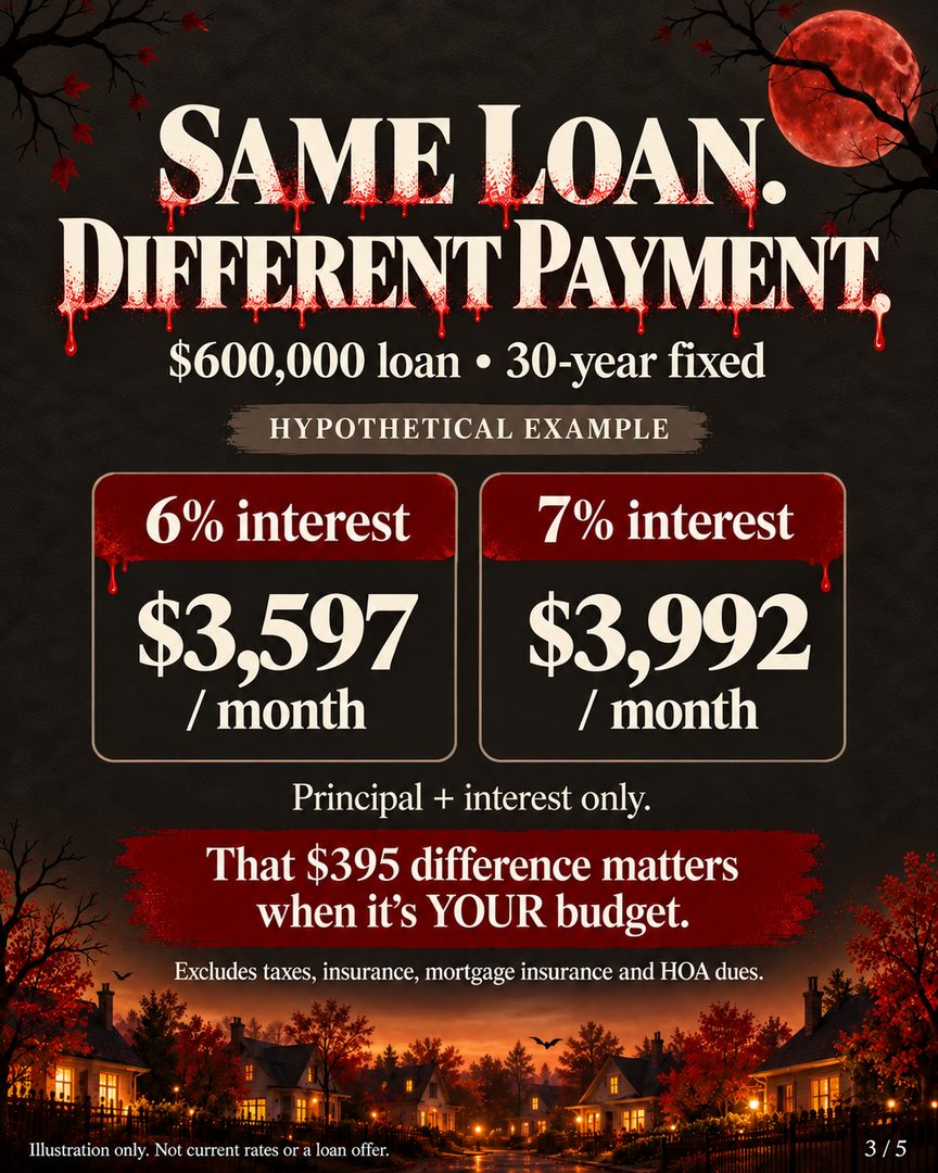 Michael Myers can keep the jump scares. Let’s take the mystery out of the payment. 🔪🏡

Before you let a mortgage rate scare you out of buying, find out what it would actually mean for you. Start by getting preapproved, then work backward from the numbers to figure out what you’re comfortable spending. Know where you land before you window shop.

That starts with a lender who takes the time to explain things. I can recommend someone from my team of experienced lenders to help you understand your options and ask the questions you might not even know to ask yet.

You deserve to feel informed, comfortable, and supported throughout the process… no matter how scary 😏