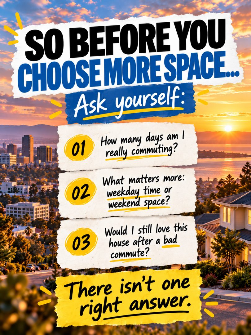 More space or more time?
That’s one of the biggest tradeoffs South Bay home buyers have to make.
Living closer to work can mean a shorter commute, easier weekdays, and more time back in your day — but often at the cost of space.
Moving farther out can give you a bigger home, bigger yard, and more for your budget — but the commute becomes part of the decision too.
When buying a home in the South Bay, I always think the lifestyle matters just as much as the house itself.
Because a commute that feels manageable on a weekend can feel very different during Tuesday rush hour.
So I’m curious:
A — shorter commute + less space
B — longer commute + more space
Which one are you choosing?
Send this to the person you’d have to agree with before buying.
#SouthBayRealEstate #SanJoseRealEstate #SanJoseHomes #SouthBayHomes #BayAreaRealEstate #BayAreaHomeBuyer #SanJoseRealtor #SouthBayRealtor #HomeBuyingTips #BayAreaHomes #SiliconValleyRealEstate #SiliconValleyHomes #SanJoseLiving #SouthBayLiving #BayAreaLiving
