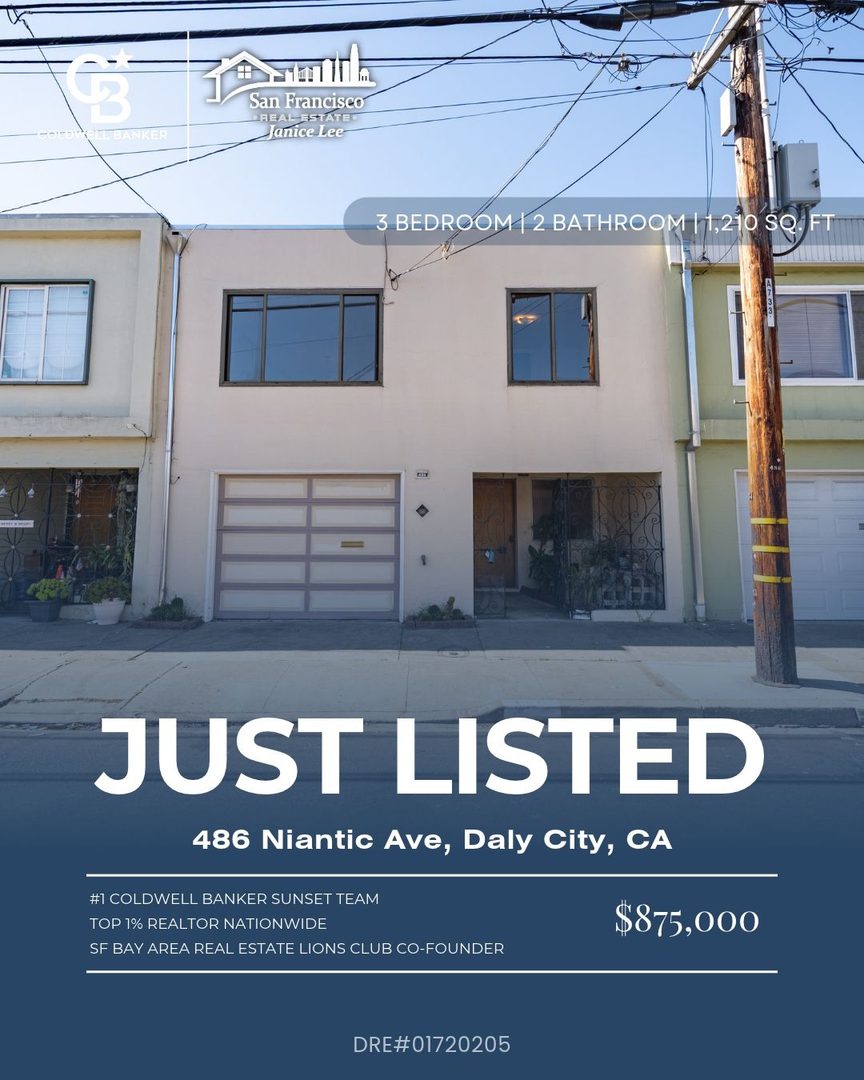 ✨ Just Listed | 486 Niantic Avenue, Daly City $875,000

3 bed · 2 bath · Daly City

Prime location, incredible potential, a home to make your own! Just one block from Daly City BART, this versatile home offers an unbeatable location paired with the freedom to personalize every space to your vision. 🏡

The upper level features two bedrooms and one bath, while the lower level adds a third bedroom and bath, creating flexibility for extended family, guests or a home office. A recently updated electrical panel, freshly cleaned carpets and a flat backyard ready for gardening or entertaining round it out. Bring your creativity and build long term value in one of the most connected neighborhoods around. 🔑

Exceptional access to San Francisco, the Peninsula and the greater Bay Area, with shopping, dining and transit just moments away.

📩 DM me for details or to schedule a showing.
📞 Call (415) 832-9151
🌐 JaniceLeeHomes.com

#REALTOR® #ListingAgent #seller #BayAreaRealEstate #DalyCity