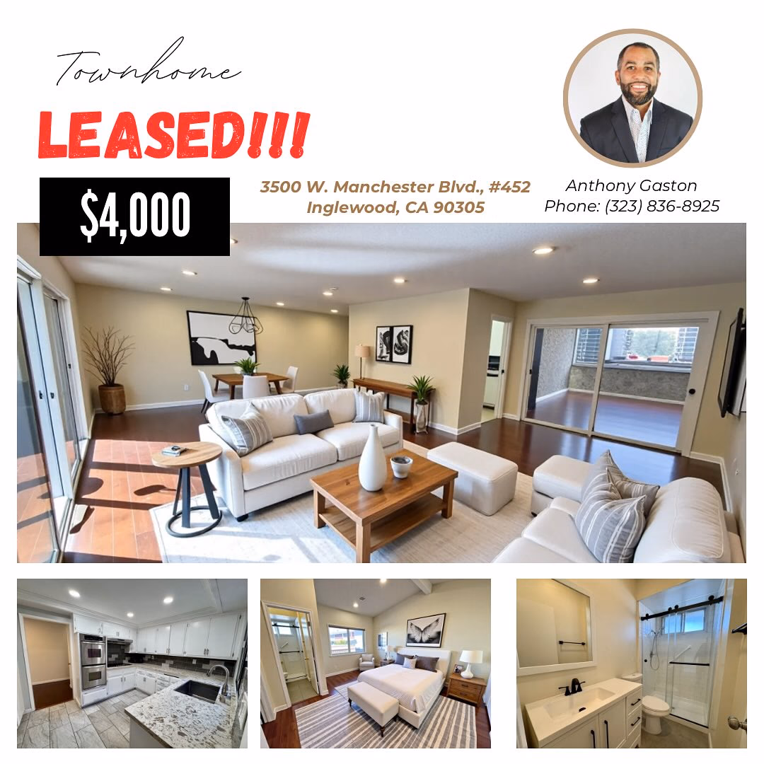 Just Leased!!!

📍3500 W. Manchester Blvd #452
  Inglewood, CA 90305
  3 Bedrooms / 3 Bathrooms
  1,721 SF 
 💰Lease: $4,000/mo.

Grateful for the opportunity to get my clients’ property leased. Through marketing and proper due diligence we found the right tenants. We are thankful that our clients trusted us through the entire process of managing the remodel, marketing, executing the lease, and managing the property moving forward.

If you have any real estate needs DM us. We list properties for sale and lease. We represent buyers and provide financing. We also provide boutique property management. We are truly a one stop shop.

#leased #leaseagent #listingagent #realestate #realestatebroker #realestateagent