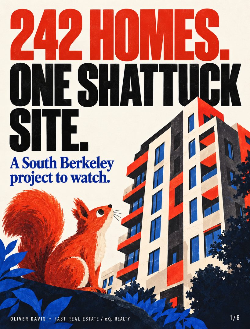 242 homes on one Shattuck Avenue site. 🏘️

The approved development at 2900–2920 Shattuck Avenue in South Berkeley calls for 11 stories, 242 apartments—including 30 below-market-rate homes—and 3,720 square feet of ground-floor retail.

It’s near Ashby BART. It’s a separate project from development on the station’s parking lots.

Approval is a milestone, not a move-in date. The next things to watch are permits, construction and actual delivery.

My view: more housing along commercial corridors is worth following. For nearby owners and buyers, assess each property’s condition, location and current comparable sales before assuming a particular price effect.

Save this local project update. Follow for clear Berkeley housing news.

Conceptual illustrations; not architectural renderings of the project.

Oliver Davis • French-American real estate agent
Fast Real Estate / eXp Realty • DRE #01996487
English + français

#BerkeleyRealEstate #SouthBerkeley #ShattuckAvenue #BerkeleyHousing #EastBayRealEstate