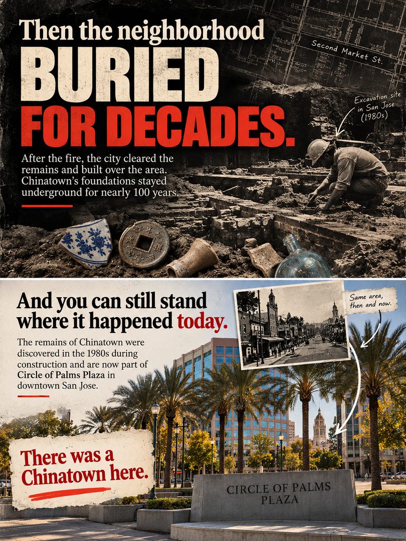 San Jose has a lot more history beneath the surface than most people realize.
Before today’s Downtown San Jose plazas, hotels, and museums, this area was home to the Second Market Street Chinatown — a thriving Chinese community that existed from 1872 to 1887.
More than 1,400 people lived and worked here before the neighborhood was targeted during a period of intense anti-Chinese discrimination and ultimately destroyed by fire in 1887.
Nearly 100 years later, archaeological work in Downtown San Jose uncovered remains and artifacts from the former neighborhood.
Today, you can stand near the site at Circle of Palms Plaza and walk past a piece of San Jose history that many locals have never heard about.
San Jose has changed a lot, but stories like this are still part of the city we live in today.
Would you want to see more hidden San Jose history like this?
#SanJose #SanJoseCA #DowntownSanJose #SanJoseHistory #SanJoseChinatown #BayAreaHistory #SouthBay #SouthBayCA #SanJoseRealtor #BayAreaRealEstate #SiliconValley #ExploreSanJose