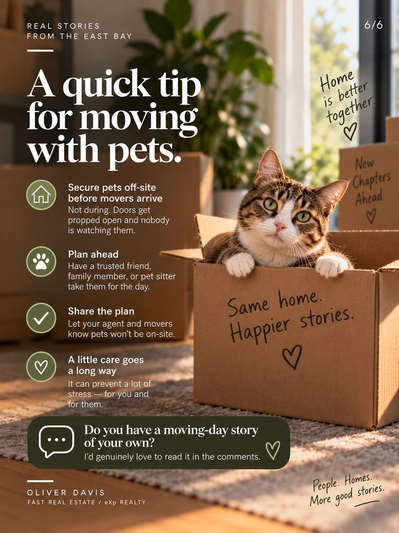 A house I sold in Oakland closed a few weeks ago, and every night since, a cat had been showing up at the front door trying to get in. 🐾
The seller had two cats she loved. On moving day one of them, Gigi, got out. She searched, came back the following day, and eventually had to leave without her. Then about a week later the buyer's agent texted me — the new owners had a cat appearing at their door every evening and were trying to figure out who it belonged to.
I connected it immediately, called the previous owner, and we worked out a plan to coax Gigi inside so she could be collected. Yesterday they were reunited.
I share this because the part of this job that actually stays with me usually has nothing to do with the contract. A closing looks like a date on a calendar and a set of signatures. For the person moving out, it's the end of years of ordinary life in that space, and it tends to be more disorienting than anyone plans for — especially for the animals, who have no context for why everything is suddenly in boxes. 🏡
The practical takeaway for anyone listing with pets: secure them off-site before movers arrive, not during. Doors get propped open and nobody is watching them. And to the buyers and the agent on the other side who took the time to ask a question instead of shrugging it off — that's the reason this ended well.
If you've got a moving-day story of your own, I'd genuinely like to read it in the comments.
Oliver Davis · Fast Real Estate / eXp Realty
📞 628-259-8398 | oliver@soldbyod.com | @oliverdavisreal estate agent
#RealEstate #EastBayRealEstate #Oakland #movingwithpets