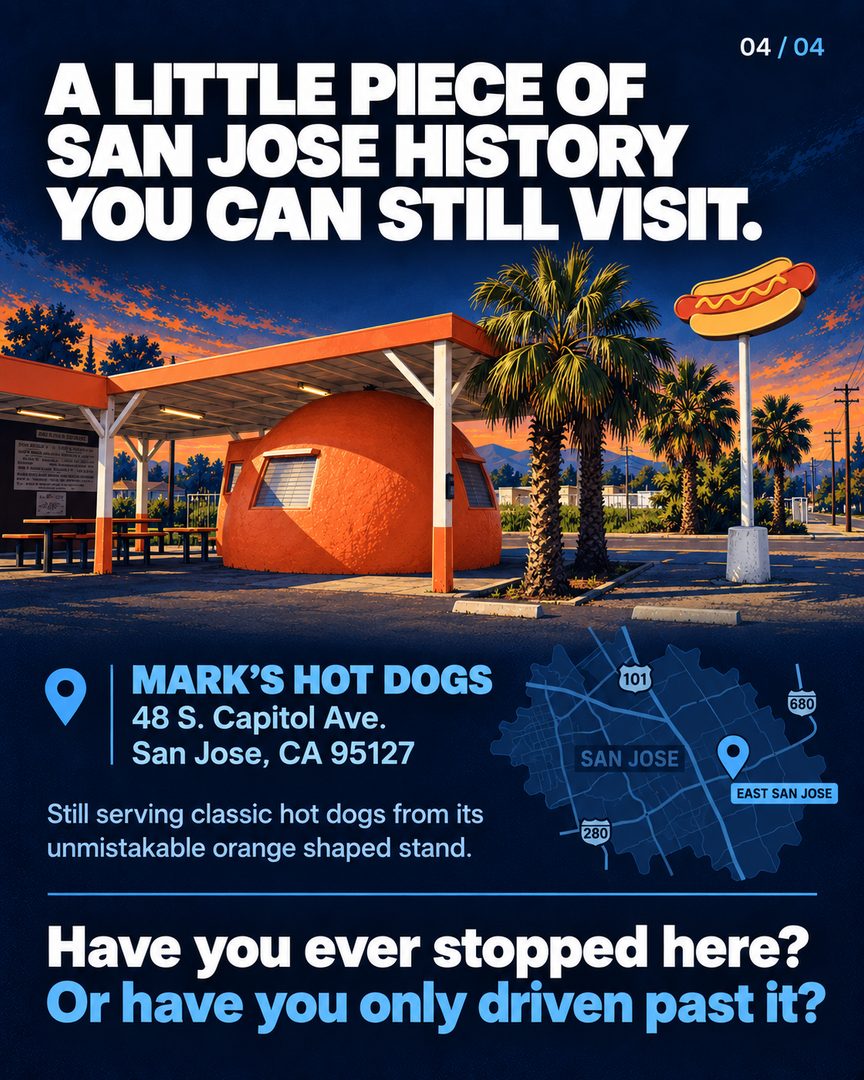 You may have driven past this giant orange without knowing how much San Jose history it holds. 🍊
Mark’s Hot Dogs began serving San Jose in 1936 and moved into the Giant Orange roadside stand in 1947. Today, it remains a recognizable piece of East San Jose history.
Have you eaten here, or have you only driven past it?
—
Linh Tran
📱 510.777.6976
📧 Linh@fastagents.com
🏆 #TeamFast | eXp Realty