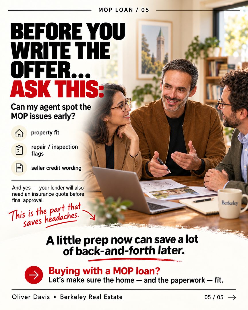 🏡 Found a home you love? Before you start picturing where the furniture goes… there's something worth checking. 👀

If you're buying a home, you probably have a few things on your mind: the location, the price, the monthly payment, and whether the house feels right.

But have you thought about whether **the home itself meets your loan's requirements?**

That's something buyers don't always think about until they're already deep into the process.

And if you're using a **UC MOP loan**, there are a few extra details worth knowing.

🔑 Not every property is eligible.
🔍 Inspections and repairs can affect your financing.
📋 Even the wording of seller credits can make a difference.

And here's the thing… finding the right house is only part of it. Making sure everything lines up *before* you write an offer can save you some pretty frustrating surprises later.

**Wouldn't you rather know what to look for before you've already fallen in love with the place?** 😉

Swipe through for a few things worth knowing before your next home tour. 👉

And whether you're just starting to explore your options or getting ready to make an offer, feel free to reach out. Always happy to talk things through.

**Oliver Davis | Fast Real Estate / eXp Realty**
📞 628-259-8398 | oliver@soldbyod.com

#berkeleyrealestate #eastbayhomes #bayarearealestate #ucberkeley #moploans #faculty #homebuyingtips #berkeleyhomes