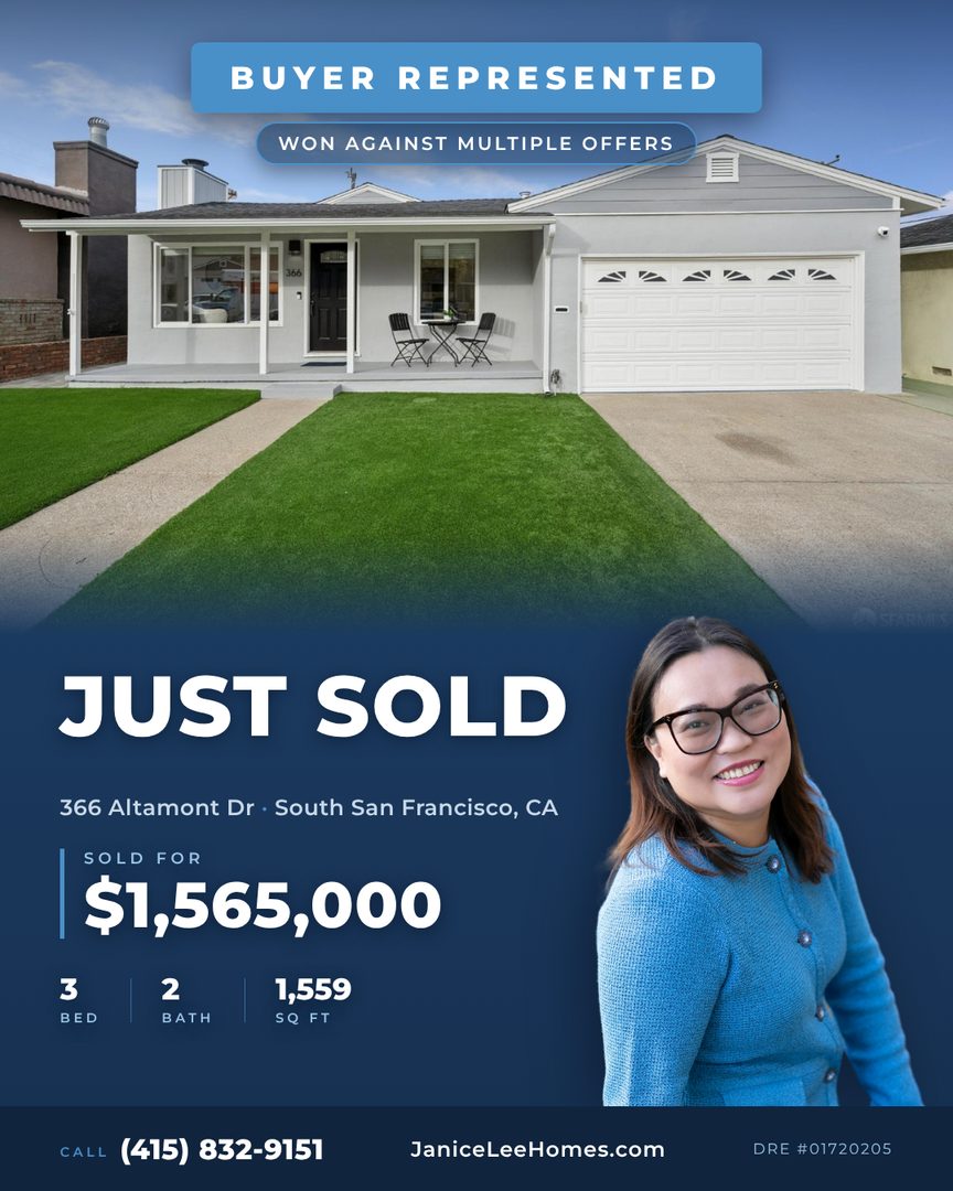 Just Sold in South San Francisco! 🔑🎉

South San Francisco · Sold for $1,565,000 · Represented the Buyer

So happy for my clients on the purchase of their new home! This beautiful 3 bed 2 bath residence offers 1,559 sqft of comfortable living in a wonderful South San Francisco neighborhood. 🏡

It was an honor to represent the buyers and help them secure this home in a competitive market. If you are looking to buy in the Bay Area, having the right representation makes all the difference. 📩

🌐 JaniceLeeHomes.com

#REALTOR® #buyersagent #SouthSanFrancisco #BayAreaRealEstate #JustSold