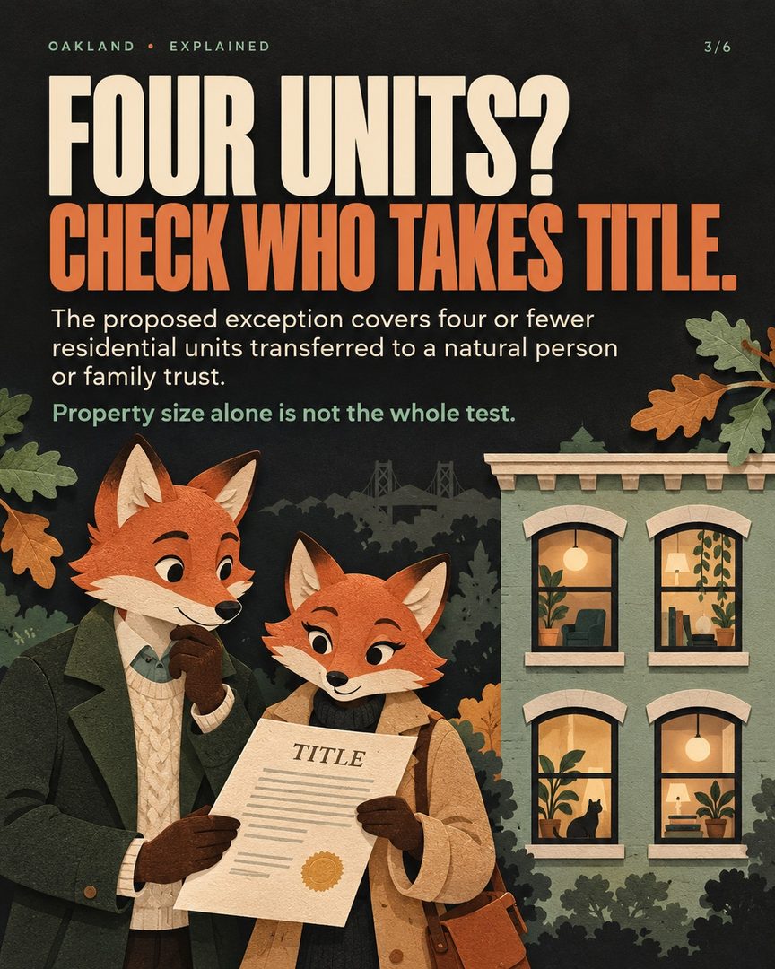 Oakland’s Measure FF is about who qualifies for a foreclosure-related transfer-tax exception.

It would keep existing tax rates while narrowing the general foreclosure exception. One proposed exception depends on BOTH the property and the recipient: four or fewer residential units transferred to a natural person or family trust.

Other exceptions have their own conditions. The measure would also let City Council amend the foreclosure-related exceptions by ordinance.

This is a proposal on the November 3, 2026 ballot. If approved by a majority, it would take effect January 1, 2027.

My view: before calling an Oakland investment a deal, understand the property, ownership structure, transaction and costs. A headline cannot do that work for you.

Save this checklist before evaluating a foreclosure purchase. This is a neutral explainer, not a voting recommendation.

Oliver Davis
French-American real estate agent
Fast Real Estate / eXp Realty
English + français • DRE #01996487

#OaklandRealEstate #OaklandCalifornia #EastBayRealEstate #RentalProperty #RealEstateInvesting #OliverDavis