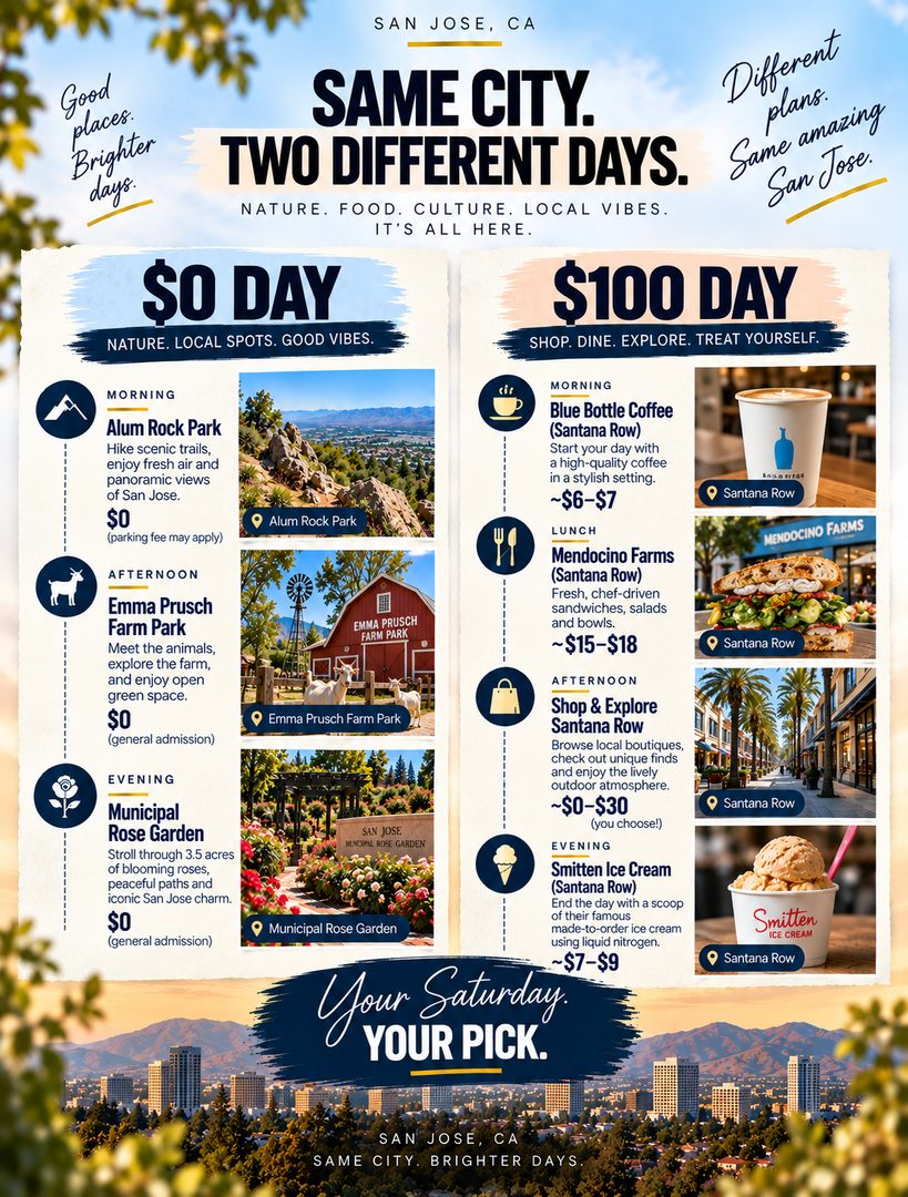 You don’t have to spend a lot to enjoy San Jose.

One day could be hiking Alum Rock Park, exploring Emma Prusch Farm Park, and ending at the Municipal Rose Garden. Or you could make it a Santana Row day with coffee, lunch, shopping, and dessert.

Same city. Completely different Saturday.

Which are you picking: $0 Day or $100 Day?