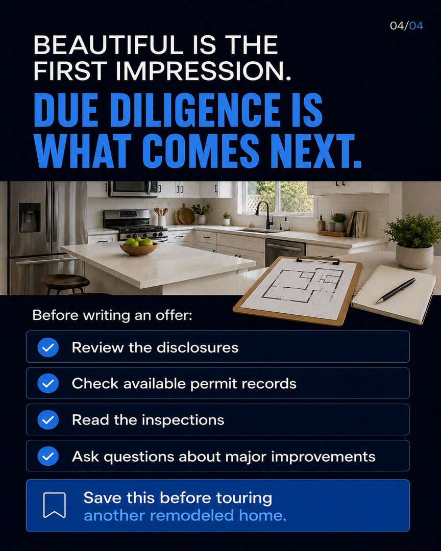 A beautiful remodel can make a strong first impression. But before writing an offer, check what changed, whether permits were required, and what the disclosures and inspections show. 🔍🏠

Missing permits aren’t always a deal breaker. Save this before your next home tour.

Linh Tran
📱 510.777.6976
📧 Linh@fastagents.com
🏆 #TeamFast | eXp Realty