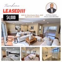 Just Leased!!!

📍3500 W. Manchester Blvd #452
  Inglewood, CA 90305
  3 Bedrooms / 3 Bathrooms
  1,721 SF 
 💰Lease: $4,000/mo.

Grateful for the opportunity to get my clients’ property leased. Through marketing and proper due diligence we found the right tenants. We are thankful that our clients trusted us through the entire process of managing the remodel, marketing, executing the lease, and managing the property moving forward.

If you have any real estate needs DM us. We list properties for sale and lease. We represent buyers and provide financing. We also provide boutique property management. We are truly a one stop shop.

#leased #leaseagent #listingagent #realestate #realestatebroker #realestateagent