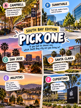 Pick one: if you had to choose, which South Bay city are you living in? 👇

🅰️ Campbell: walkable downtown, local restaurants, small town feel
🅱️ Sunnyvale: tech hub, modern homes, central location
©️ San Jose: most options, more variety, city energy
🅳 Santa Clara: central location, sports and events, easy commute
🅴 Milpitas: more space for the price, convenient location
🅵 Cupertino: premium location, tech vibes

Drop your letter in the comments and tell me why. I'm curious which one wins 👀

Already know your pick and thinking about making the move? Send me a DM and let's talk about what's out there right now in the South Bay. 🏡

Linh Tran | Real Estate Advisor | eXp Realty | DRE #02312746

#SouthBayRealEstate #SanJoseRealEstate #SiliconValleyRealEstate #BayAreaLiving #SanJoseHomes #CampbellCA #SunnyvaleCA #SantaClaraCA #MilpitasCA #CupertinoCA #BayAreaHomes #MovingToTheBayArea #HomeBuyingTips #SouthBayLiving #SanJoseREALTOR®