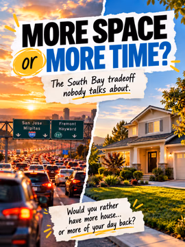 More space or more time?
That’s one of the biggest tradeoffs South Bay home buyers have to make.
Living closer to work can mean a shorter commute, easier weekdays, and more time back in your day — but often at the cost of space.
Moving farther out can give you a bigger home, bigger yard, and more for your budget — but the commute becomes part of the decision too.
When buying a home in the South Bay, I always think the lifestyle matters just as much as the house itself.
Because a commute that feels manageable on a weekend can feel very different during Tuesday rush hour.
So I’m curious:
A — shorter commute + less space
B — longer commute + more space
Which one are you choosing?
Send this to the person you’d have to agree with before buying.
#SouthBayRealEstate #SanJoseRealEstate #SanJoseHomes #SouthBayHomes #BayAreaRealEstate #BayAreaHomeBuyer #SanJoseREALTOR® #SouthBayREALTOR® #HomeBuyingTips #BayAreaHomes #SiliconValleyRealEstate #SiliconValleyHomes #SanJoseLiving #SouthBayLiving #BayAreaLiving
