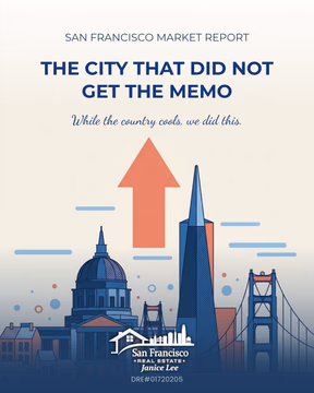 Hi! Janice Lee here 👋

Across the country, the housing market is quietly handing power back to buyers. In San Francisco, the opposite is happening 🏙️

This city didn't get the memo. While buyers hold the advantage in most of the largest markets in the United States, here sellers are still firmly in control. Homes are moving fast and often far above asking, and in July buyers paid a record overbid on average, the highest in at least 21 years according to Compass 📈

Why? Inventory is near historic lows while demand from the AI boom keeps pouring in. High paying jobs are arriving faster than the city can build, and the office market is recovering faster than any other major market in the country. When that much money meets that few homes, prices move in one direction 🤖

Swipe through for the full breakdown of where the market stands right now.

If you own here and have wondered whether this is your moment, it is worth a real conversation. Let's talk.

Janice Lee, DRE #01720205
📞 (415) 832-9151
🌐 JaniceLeeHomes.com