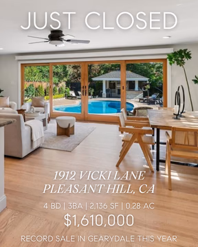 RECORD SALE IN GEARYDALE THIS YEAR! 🚀

JUST CLOSED // BUYER REPRESENTED
1912 Vicki Lane, Pleasant Hill
2,136 SF | 4-Bed | 3-Bath | ~0.28 Acres

Thrilled to help my SoCal buyers close on this incredible indoor-outdoor oasis in Pleasant Hill’s desirable Gearydale neighborhood!

Set on a spacious 12,320 SqFt lot, this single-level gem features 3 beds, 2 beautifully updated baths, PLUS a fully equipped 500 SqFt detached guest house with its own kitchen and bath. Perfect for extended family, guests, or a home office.

The backyard is pure resort living: sparkling pool, hot tub, and a covered cabana complete with built-in gas fireplace, BBQ, and entertainment system. Inside, the modern kitchen flows seamlessly into a light-filled family room with direct access to your private paradise.

Congrats to my amazing clients on their dream home! 🥂

Thank you, @jsullberg, @ransom.house, for helping make my clients’ dream come true!

Shout out to the @gearydale94523 moms and dads club for showing their support and helping drink all our wine at the twilight tour 😎

Gearydale | Pleasant Hill | Pool & Guest House | Indoor-Outdoor Living

Steven Potts // DRE #02215986
✉️ steven@pottsre.com
🤙 925-444-0377

#gearydale #pottsrealestate #stevenpottsrealestate #sellingwalnutcreek #Walnutcreekrealestate #sellingpleasanthill #Pleasanthillrealestate #irishofcompass #britsofcompass
#DRE02215986 #CompassBayArea  #94523