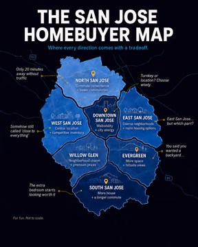 San Jose is one city… until you start house hunting. 😱

A few miles can mean a completely different tradeoff: more space, a shorter commute, walkability, or neighborhood charm.

Which matters most to you? Comment below and save this map for your home search.

—

Linh Tran
📱 510.777.6976
📧 Linh@fastagents.com
🏆 #TeamFast | eXp Realty