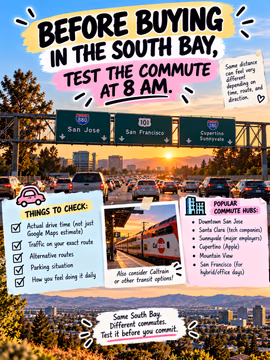 Before buying in the South Bay, test the commute at 8 AM. 🚗⏰

The same distance can feel completely different depending on the time, route, and direction. A 15 minute drive on Sunday can easily turn into 45 minutes on a Tuesday morning.

✅ Things to check before you commit:
Actual drive time (not just the Google Maps estimate), traffic on your exact route, alternative routes, the parking situation, and how you'd feel doing it every single day.

🏢 Popular commute hubs:
Downtown San Jose, Santa Clara, Sunnyvale, Cupertino, Mountain View, and San Francisco for hybrid office days.

🚆 Don't forget to look at Caltrain, VTA, and BART too. The right transit option can completely change which neighborhoods make sense for you.

Same South Bay. Different commutes. Test it before you commit. ❤️

Found a home you love but not sure about the drive? Send me a DM and I'll help you map out realistic commute times from any neighborhood you're looking at. 🤝

💬 What's your commute like right now? Be honest 😅👇

Linh Tran | Real Estate Advisor | eXp Realty | DRE #02312746

#SouthBayRealEstate #SanJoseRealEstate #BayAreaCommute #SiliconValleyRealEstate #HomeBuyingTips #FirstTimeHomeBuyer #BayAreaHomeBuyer #BayAreaTraffic #Caltrain #SanJoseHomes #BayAreaHomes #RealEstateTips #MovingToSanJose #SouthBayLiving #SanJoseREALTOR®