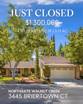 NORTHGATE SECURED UNDER $1.4M! 🤯
3445 Briertown Ct, Walnut Creek, CA 94598
1,756 SF | 4-Bed | 2-Bath | ~0.13 Acres
BUYER REPRESENTED

The deals are out there!! 💰

We got into Northgate neighborhood in a single family home below $1.4M…and we appraised significantly overvalue! Doesn’t get any better than that!

Thrilled to help my wonderful clients secure this cute home around the corner from the beautiful Arbolado Park in the Walnut Creek Northgate neighborhood.

Located just a short walk from Northgate’s top-rated schools and the Ygnacio Canal Trail. Plus, you’re only minutes from Whole Foods, coffee shops, parks, and the Shadelands Sports Complex.

Congratulations to my clients! 🥂

Northgate Home | Walnut Creek | Mt Diablo Views | Cute Neighborhood | Neighbourhood Pool + Kids Playground | Pickleball + Tennis

Steven Potts // DRE #02215986
✉️ steven.potts@compass.com
🤙 925-444-0377

#pottsrealestate #stevenpottsrealestate #sellingwalnutcreek #Walnutcreekrealestate #irishofcompass #britsofcompass #northgatehomes
#DRE02215986 #compassbayarea
