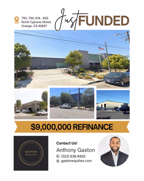 Just funded!!! Gaston Equities, in collaboration with Rob Quarton at Walker & Dunlop are pleased to announce the $9,000,000 refinance of an industrial manufacturing facility in Orange, CA.

Gaston Equities worked closely with this long term client for approximately 9 months to find the right lending partner for this transaction. Ultimately that search lead us to Rob Quarton. Rob and Anthony are close college friends and former colleagues in their prior banking careers. This relationship allowed them to work seamlessly to help this borrower secure a cash out refinance from a large life insurance company.

This transaction epitomizes the benefits of maintaining strong personal and professional relationships. Thank you Rob for your friendship and all the hard work you put into this deal.