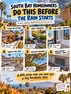 South Bay homeowners: do this before the rain starts 🌧️🏡

Our first real storm usually sneaks up on us. A quick checklist now can save you a big headache later:

1️⃣ Clean the gutters: keep water moving away from your home
2️⃣ Check drainage: make sure downspouts point away from the foundation and watch for pooling
3️⃣ Seal doors and windows: stop small leaks before they turn into big ones
4️⃣ Inspect the roof: look for missing or damaged shingles and catch issues early
5️⃣ Trim back branches: protect your roof and gutters from wind damage
6️⃣ Check rodent screens and vents: keep pests from moving in when it gets cold and wet

Same sunny days, stronger homes for the rainy ones. ☀️🌧️

Need a good roofer, gutter cleaner, or handyman? I'm happy to share vendors my clients have trusted. Just send me a DM. 🤝

💾 Save this for later and share it with a homeowner friend.

Linh Tran | Real Estate Advisor | eXp Realty | DRE #02312746

#SouthBayHomeowners #SanJoseHomeowners #HomeMaintenanceTips #RainySeasonPrep #FallHomeMaintenance #HomeownerTips #BayAreaHomes #SanJoseHomes #SiliconValleyHomes #HomeCare #SanJoseRealEstate #SouthBayRealEstate #BayAreaLiving #SanJoseREALTOR® #HomeMaintenanceChecklist