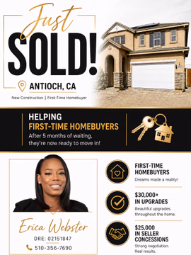 🏡✨JUST SOLD in Antioch, CA! ✨🏡

Congratulations to my amazing first-time homebuyers on their beautiful new construction home! After 5 months of waiting, they are finally ready to move in—and it was absolutely worth it.

We successfully negotiated over $30,000 in upgrades and $25,000 in seller concessions, making this a huge win for my clients.

Helping families turn homeownership into reality is always the goal, and I’m so grateful to be part of this journey.

Thinking about buying new construction or your first home? Let’s connect!

Erica Webster real estate agent MBA 
Realty One Group Elite 
DRE: 02151847
☎️ 510-356-7690
📧 Ericawebsterrealty@gmail.com
💻 Ericawebster.myrealtyonegroup.com