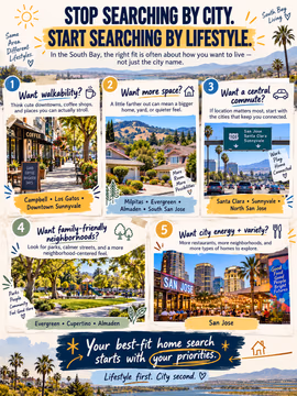 Stop searching by city. Start searching by lifestyle. 🏡✨

In the South Bay, the right fit is often about how you want to live, not just the city name:

☕ Want walkability? Think cute downtowns, coffee shops, and places you can actually stroll. Look at Campbell, Los Gatos, and Downtown Sunnyvale.

🏡 Want more space? A little farther out can mean a bigger home, a yard, or a quieter feel. Look at Milpitas, Evergreen, Almaden, and South San Jose.

🚗 Want a central commute? Start with the cities that keep you connected. Look at Santa Clara, Sunnyvale, and North San Jose.

🌳 Want parks and quieter streets? Look for calmer neighborhoods with green space nearby. Look at Evergreen, Cupertino, and Almaden.

🏙️ Want city energy and variety? More restaurants, more neighborhoods, and more types of homes to explore. That's San Jose.

Your best fit home search starts with your priorities. Lifestyle first, city second. ❤️

Not sure where to start? Send me a DM with your top 3 priorities and I'll point you to the neighborhoods worth looking at. 🤝

💬 What matters most to you: walkability, space, commute, parks, or city energy? 👇

Linh Tran | Real Estate Advisor | eXp Realty | DRE #02312746

#SouthBayRealEstate #SanJoseRealEstate #SiliconValleyRealEstate #BayAreaHomes #HomeBuyingTips #FirstTimeHomeBuyer #BayAreaHomeBuyer #SanJoseNeighborhoods #CampbellCA #LosGatos #AlmadenValley #EvergreenSanJose #SouthBayLiving #MovingToSanJose #SanJoseREALTOR®