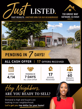 ✨ JUST LISTED → PENDING IN 7 DAYS ✨

710 Grove Way, Hayward, CA 94541 went pending in just 7 days with an ALL CASH offer! 💰🏡

✔️ 17 Offers Received
✔️ Over 60 Groups Toured
✔️ Strong Buyer Demand
✔️ Top Dollar Results for My Seller

This is exactly why strategy, marketing, and local expertise matter. Buyers are actively looking in this neighborhood, and inventory is still creating strong opportunities for sellers.

📍Hayward neighbors — have you been thinking about selling?
Now may be the perfect time to maximize your home’s value.

Let’s talk about what your home could sell for in today’s market.

Erica Webster real estate agent MBA 
Realty One Group Elite 
DRE: 02151847
☎️ 510-356-7690
📧 Ericawebsterrealty@gmail.com
💻 Ericawebster.myrealtyonegroup.com