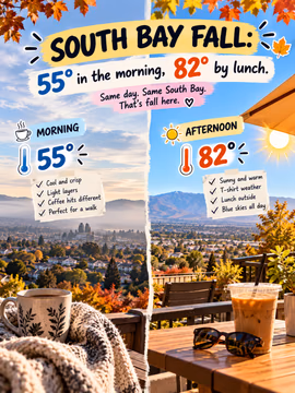 South Bay fall: 55° in the morning, 82° by lunch. ☕➡️🧋

Same day. Same South Bay. That's fall here. 🍂

🌤️ Morning: cool and crisp, light layers, hot coffee, perfect for a walk
☀️ Afternoon: sunny and warm, short sleeve weather, lunch outside, blue skies all day

Honestly one of the best parts about living here. You get the cozy fall mornings without giving up the sunshine. 😌

If you've been thinking about calling the South Bay home, this is your sign. Send me a DM and let's talk about which neighborhood fits your lifestyle. 🏡

💬 Be honest: are you a hot coffee morning person or an iced coffee afternoon person? 👇

Linh Tran | Real Estate Advisor | eXp Realty | DRE #02312746


#SouthBayLiving #SanJoseLife #BayAreaFall #SiliconValleyLiving #SanJoseRealEstate #SouthBayRealEstate #BayAreaWeather #FallInTheBay #SanJoseCA #BayAreaHomes #LivingInSanJose #MovingToSanJose #BayAreaLifestyle #SanJoseREALTOR® #CaliforniaFall