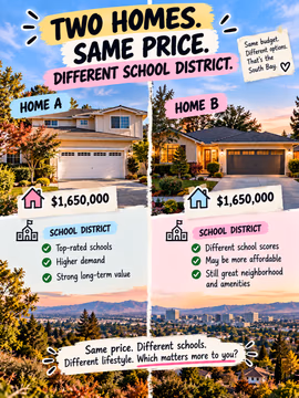 Two homes. Same price. Different school district. 🏡🏫

Here's something a lot of South Bay buyers don't realize until they start touring:

🏠 Home A: in a higher demand school district. Often means more competition, and your budget may get you less house.
🏠 Home B: in a different district. Your same budget might get you more space, a bigger lot, or a more updated home, with a great neighborhood and amenities.

Neither one is the "right" answer. It depends on what matters most to you and your plans for the next 5 to 10 years.

Same price. Different schools. Different lifestyle. Which matters more to you? 🤔

If school districts are part of your home search, send me a DM. I'll help you compare homes side by side so you can make the call that fits your life. 🤝

💬 Home A or Home B? Tell me why 👇

School boundaries and ratings change. Always verify directly with the school district.

Linh Tran | Real Estate Advisor | eXp Realty | DRE #02312746

Hashtags

#SouthBayRealEstate #SanJoseRealEstate #SchoolDistrict #BayAreaHomes #HomeBuyingTips #FirstTimeHomeBuyer #BayAreaHomeBuyer #SiliconValleyRealEstate #SanJoseHomes #CupertinoHomes #BayAreaHousingMarket #RealEstateTips #SouthBayLiving #MovingToSanJose #SanJoseREALTOR®