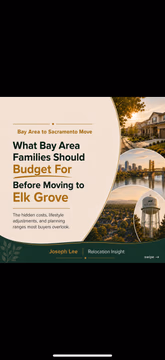 I want to provide an alternative point of view here.

Not negative. Not fear-based. Just objective.

Moving from the Bay Area to Elk Grove can be a great move for the right family.

More space. Newer homes. A different pace of life. A stronger family lifestyle.

But the real question is not just:
“Can I afford the house?”

The better question is:
Have I budgeted for the full move?

Because there are costs many buyers do not think about until after they get the keys:

Window coverings. Backyard landscaping. Appliances. Furniture. Summer utility usage. Air quality prep. Commute costs. Trips back to the Bay. Kids’ activities. Rebuilding your new rhythm.

This is not meant to scare anyone away from Elk Grove.

It is meant to help you make the move with clarity.

Elk Grove can absolutely be the right move.
But the best relocations happen when the home, budget, commute, schools, community, and long-term lifestyle all line up.

Do not move just for square footage.
Move because the life actually fits.
Thinking about making the Bay Area to Elk Grove move?

DM me MOVE and I’ll help you build your real relocation budget before you start touring homes.