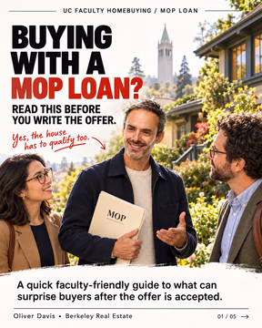 🏡 Found a home you love? Before you start picturing where the furniture goes… there's something worth checking. 👀

If you're buying a home, you probably have a few things on your mind: the location, the price, the monthly payment, and whether the house feels right.

But have you thought about whether **the home itself meets your loan's requirements?**

That's something buyers don't always think about until they're already deep into the process.

And if you're using a **UC MOP loan**, there are a few extra details worth knowing.

🔑 Not every property is eligible.
🔍 Inspections and repairs can affect your financing.
📋 Even the wording of seller credits can make a difference.

And here's the thing… finding the right house is only part of it. Making sure everything lines up *before* you write an offer can save you some pretty frustrating surprises later.

**Wouldn't you rather know what to look for before you've already fallen in love with the place?** 😉

Swipe through for a few things worth knowing before your next home tour. 👉

And whether you're just starting to explore your options or getting ready to make an offer, feel free to reach out. Always happy to talk things through.

**Oliver Davis | Fast Real Estate / eXp Realty**
📞 628-259-8398 | oliver@soldbyod.com

#berkeleyrealestate #eastbayhomes #bayarearealestate #ucberkeley #moploans #faculty #homebuyingtips #berkeleyhomes