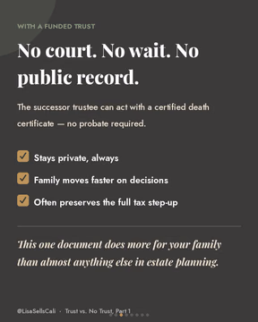 Everyone talks about “leaving the house to the kids.”

Almost nobody talks about how — and that one word is the difference between a 9-month wait in probate court and a trustee closing things out in weeks.

Same inheritance. Same family. Wildly different experience.

This is the slide deck I wish every homeowner saw sooner than later.

Swipe. Then send it to the one person in your family who still thinks a will is “enough.” →

DM “TRUST” and let’s map out your family’s plan.

📍 Sacramento | Bay Area | Certified Probate & Trust Specialist

#EstatePlanning #TrustVsProbate #ProbateSpecialist #GenerationalWealth  #StepUpInBasis FamilyLegacy