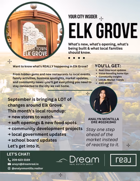 📍 ELK GROVE COMMUNITY GUIDE | SEPTEMBER 2026

What’s new in Elk Grove, California? A LOT. 👀

If you live in Elk Grove, are moving to Elk Grove, or are considering buying a home here, save this September community update.

This month we’re covering:

🛍️ NEW STORES — Whole Foods Market, Barnes & Noble + Bambu
☕ NEW & SOFT OPENINGS — local restaurants, cafés + dessert spots
🏗️ COMMUNITY DEVELOPMENT — new library, Project Elevate + future transit planning
🏛️ LOCAL GOVERNMENT — upcoming City meetings, projects + community input
🎓 EGUSD — school board meetings, special education updates + district priorities

Why does this matter if you’re looking to buy or sell?

Because real estate is more than the house. New businesses, schools, transportation, community amenities and development all contribute to how neighborhoods grow and how residents experience a city.

Whether you’re searching for Elk Grove homes for sale, moving to Elk Grove, looking for the best neighborhoods in Elk Grove, researching Elk Grove schools, or simply trying to keep up with what’s happening locally, this is your September starting point.

🏡 Want more than just real estate listings? Follow along for local updates, new construction, market education and community guides throughout Elk Grove, Sacramento & the Central Valley.

Comment ELK GROVE if you want me to keep making these monthly guides.

Save this post + send it to someone who lives in Elk Grove.

Analyn Montilla | REALTOR®
DRE #02241940
Buy • Sell • Invest
📍 Elk Grove • Sacramento • Central Valley

#ElkGrove #ElkGroveCA #ElkGroveCalifornia #ElkGroveNews #ElkGroveRealEstate #ElkGroveREALTOR® #ElkGroveHomes #ElkGroveHomesForSale #MovingToElkGrove #ElkGroveCommunity #ElkGroveLocal #ElkGroveBusinesses #ElkGroveDevelopment #ElkGroveSchools #EGUSD #SacramentoRealEstate #SacramentoREALTOR® #CentralValleyRealEstate #CaliforniaRealEstate