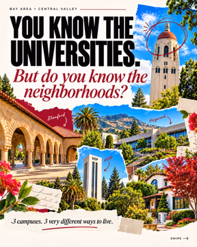 Whether you’re moving for school, work or a fresh start, there’s more to your next address than the home itself. 🌳

You might recognize UOP, Stanford and Cal State East Bay. But have you explored the communities around them?

From Stockton’s Miracle Mile to downtown Palo Alto and Hayward, swipe for local spots to grab coffee, make dinner plans and get to know the area.

Where could you see yourself living? 👇